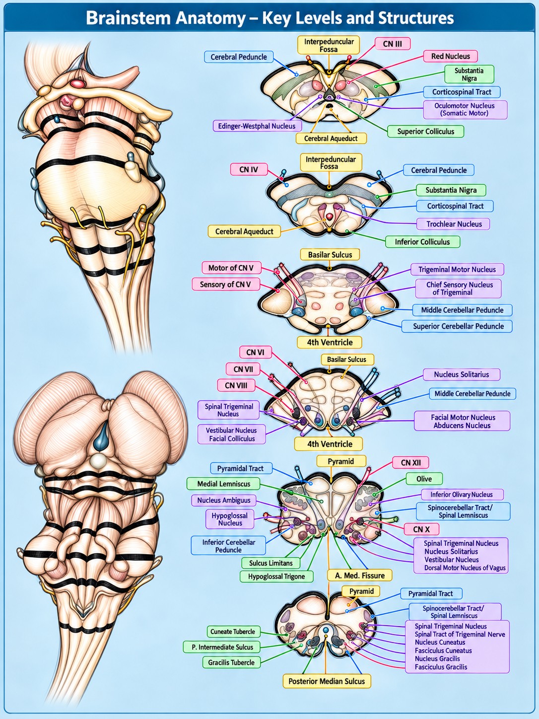 Brainstem anatomy diagram showing surface views and labeled cross-sections of midbrain, pons, rostral medulla, and caudal medulla