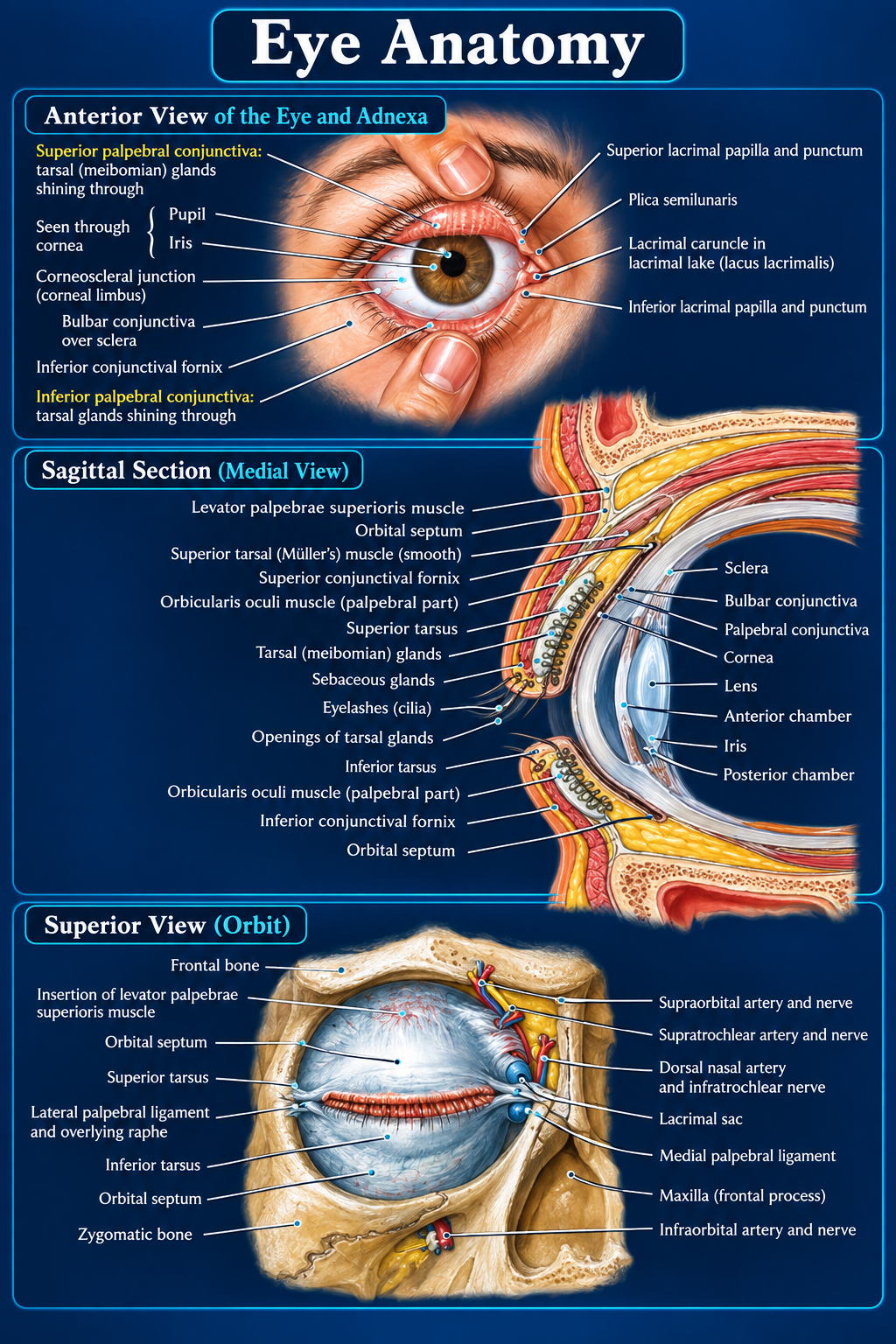 External eye anatomy showing the anterior eye and adnexa, sagittal eyelid anatomy, and superior orbital view