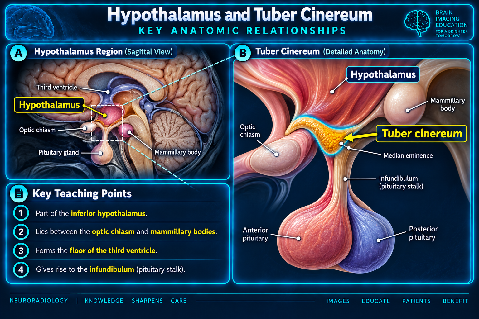 Sagittal hypothalamus and detailed tuber cinereum anatomy