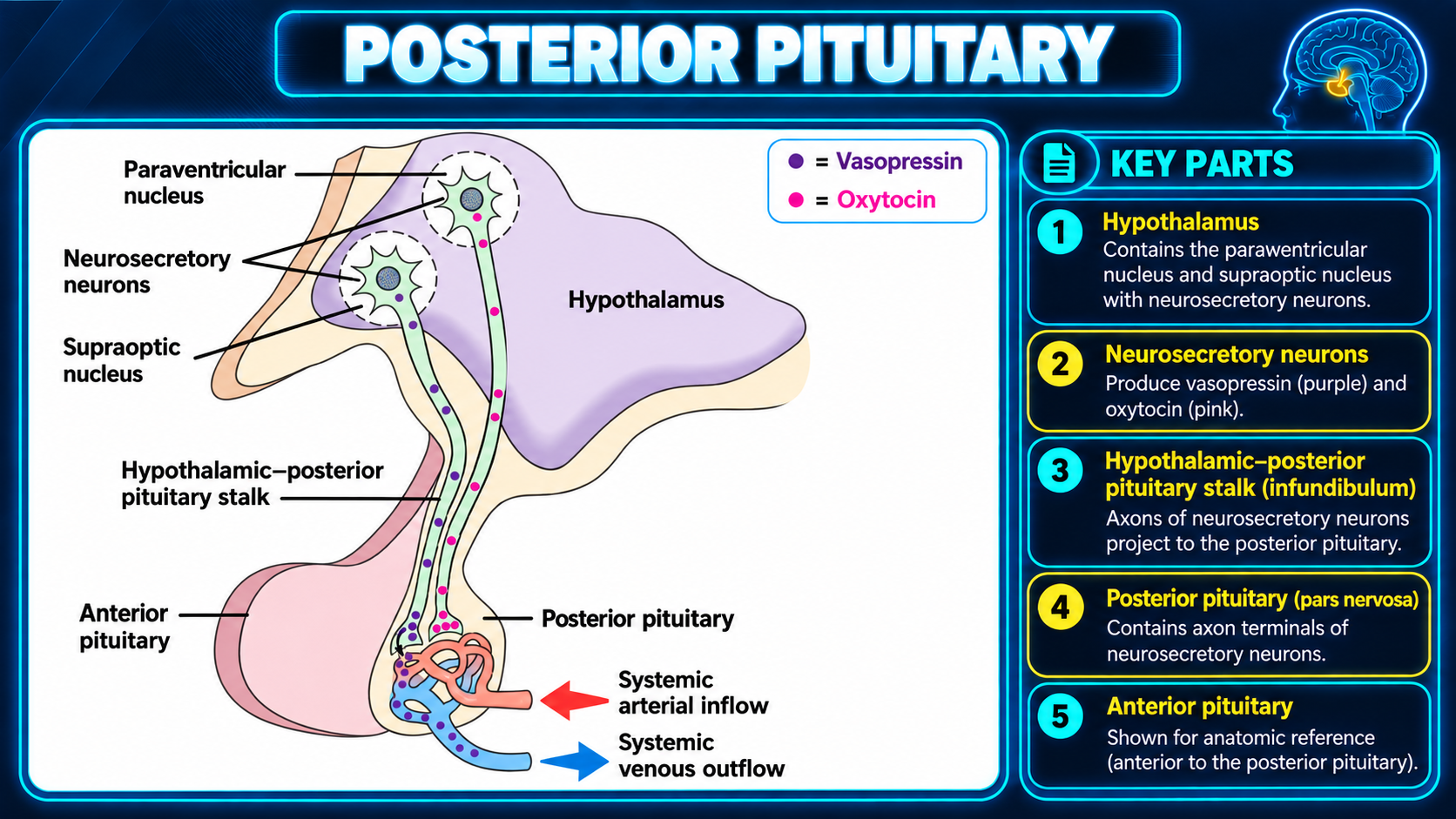 Posterior pituitary anatomy and neurosecretory pathways